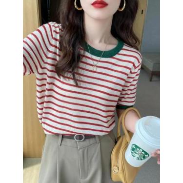 Imagem de Camiseta De Malha Listrada Feminina Com Gola Redonda, Estilo Casual De