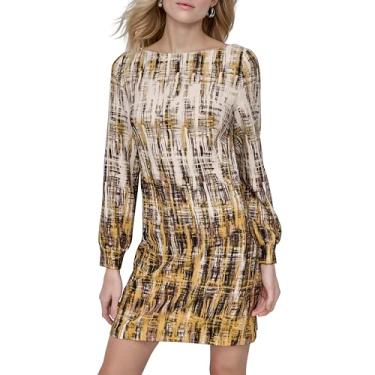 Imagem de DKNY Vestido feminino de manga comprida com gola joia, sem forro, amarelo pôr do sol, multi