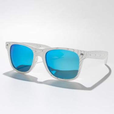 Imagem de Óculos de sol quadrados polarizados para homens e mulheres com armação listrada clássica retrô proteção UV, Armação listrada branca/lente espelhada azul, Lens Width: 53Millimeters