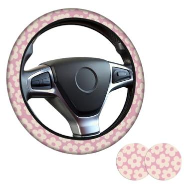 Imagem de Capa de volante de flores rosa, capa de volante de neoprene antiderrapante, acessório de carro de flores para mulheres e meninas, ajuste universal de 38 cm, SUVS, inclui 2 porta-copos de cerâmica