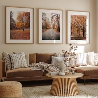 Imagem de Arte de parede 3 peças outono floresta pôster impressão paisagem outono pintura em tela arte emoldurada para casa de fazenda dormitório quarto sala de estar decoração com moldura interna
