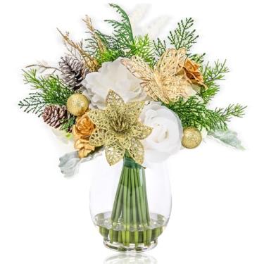 Imagem de Flores falsas em vaso, poinsétia e borboleta com brilho dourado, peça central de arranjo de flores de rosas artificiais para mesa de jantar, festa de casamento, outono, inverno, presente de decoração