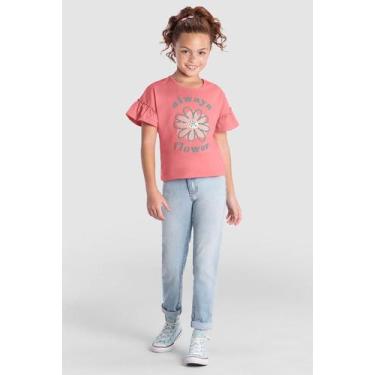 Imagem de Blusa infantil menina de flor com glitter Brandili Rosa, 10, Rosa