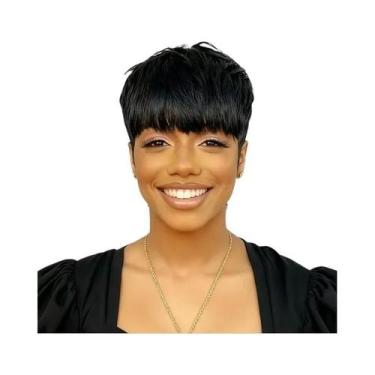 Imagem de Peruca Pixie Curta Preta Em Camadas, Cabelo Humano 100% Natural, Estil