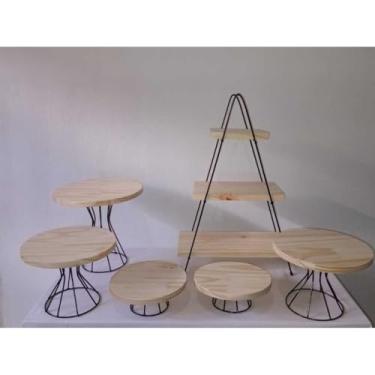 Imagem de Kit Boleira Festa com Prateleira Decorativa Escadinha – Kit Decoração Mesa com 5 Boleiras em Madeira Pinus para Festa Aniversário e Casamento(PRETO)