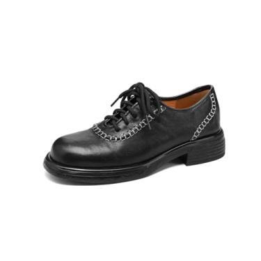Imagem de TinaCus Sapato Oxford feminino grosso de couro legítimo feito à mão bico redondo com cadarço casual para negócios, Preto, 34