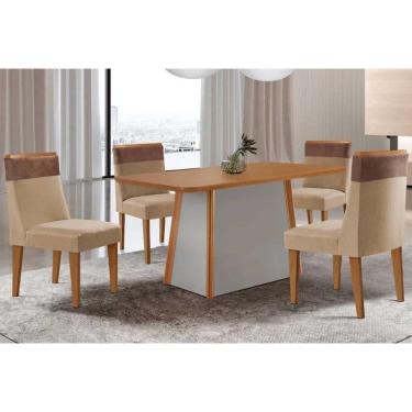 Imagem de Mesa Cozinha Tilia c/ Tampo Madeirado Canto Curvo 120x80cm e 4 Cadeiras Jaspe Madeira Maciça Naturale/Off White - Capuccino/Linho Bege-Rufato