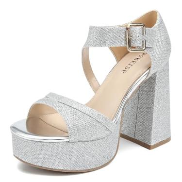 Imagem de WSKEISP Sandálias femininas de salto alto plataforma com bico quadrado na moda, preto, branco, rosa, prata, dourado, salto alto, tira no tornozelo, festa, vestido de casamento, Prata, 40