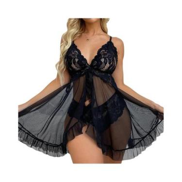 Imagem de Conjunto De Pijamas Com Vestido De Renda Transparente Vermelho E Calci