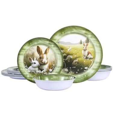 Imagem de Conjunto de louça de melamina com 12 peças, pratos leves e tigelas para 4, pratos inquebráveis para uso diário, piqueniques, acampamento e festas ao ar livre - presente perfeito para Páscoa/primavera
