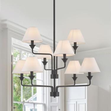 Imagem de VANZARLA Lustre de casa de fazenda moderno de 88 cm de diâmetro com sombra de tecido, lustre boho grande para sala de jantar, luz pendente rústica para entrada do quarto