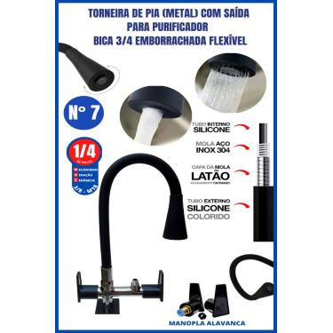 Imagem de Torneira Pia Metal Com Saída Para Purificador Bica 3/4 Emborrachada Flexível Manopla Alavanca