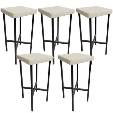 Imagem de Kit 05 Banquetas Alta Bar Cozinha Sala De Jantar Preto Stella L02 Linho Champagne - Lyam Decor