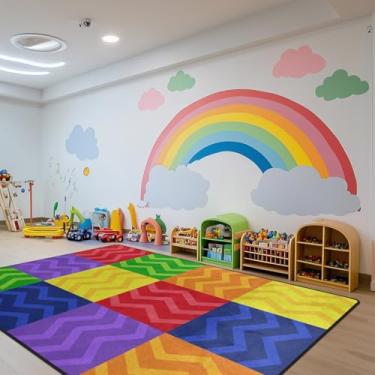 Imagem de Tapete infantil para sala de aula, macio para sala de aula, tapete de berçário de 1,8 x 2,5 m com suporte de borracha, tapete xadrez colorido adequado para pré-escola, sala de estar, biblioteca e área