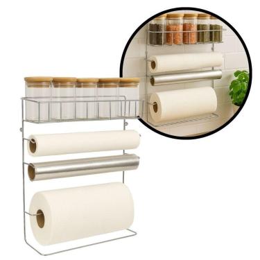 Imagem de Suporte Para Cozinha 4 Em 1 Aço Cromado Porta Rolos Com 5 Potes Vidro Hermético Tampa Bambu 90ml - Mundial Casa