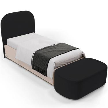Imagem de Cabeceira Cama Box 100cm Lanna com Puff Recamier Doha W01 Bouclê Preto - Lyam Decor