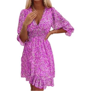 Imagem de Vestido feminino de comprimento médio cintura pulôver boêmio estampado vestido florido de manga curta, 3 roxo, S