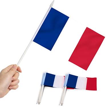 Imagem de Bandeira da França, ANLEY Mini bandeira HandHeld francesa de 5x8 polegadas com pólo sólido branco de 12 "- cor vívida e resistente ao desbotamento - bandeiras de vara de 5 x 8 polegadas à mão