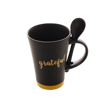 Imagem de Caneca de Cerâmica C/Colher Grateful Preto Matt Amarelo 310ml Bon Gourmet