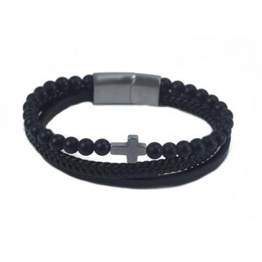 Imagem de Bracelete Masculino 21 cm Em couro Preto trançado com Tira de Onix fos