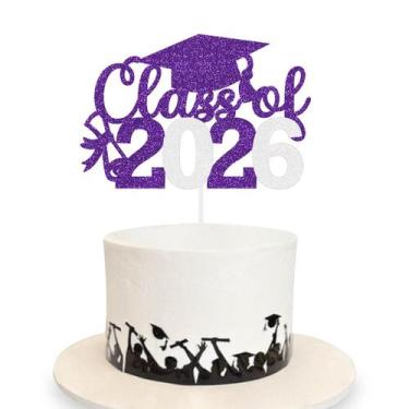 Imagem de Topo de bolo DUIILHOS Formatura 2026 Roxo e Branco com Glitter