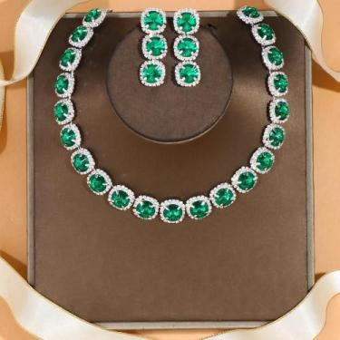Imagem de Conjunto De Brincos E Colar De Cristal Rosa Com Strass Para Mulheres X