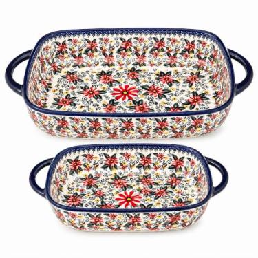 Imagem de Conjunto de 2 assadeiras de cerâmica – Caçarola decorativa estilo cerâmica polonesa com alças, lindo conjunto de utensílios de assadeira de lasanha seguro para forno (calêndula selvagem)