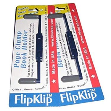 Imagem de Suporte portátil para página de livros da FlipKlip para leitura de mãos livres na cama, em movimento, na moinho de trabalho e bicicleta de exercícios – funciona em capa dura, livros de papéis, revistas e quadrinhos, arte, piano e livros de receitas, Azul, 2-Pack
