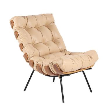 Imagem de Poltrona Costela Couro Legítimo Base De Metal Preto Bege