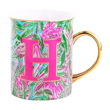 Imagem de Lilly Pulitzer Caneca de café de cerâmica inicial, xícara de chá de 400 ml, caneca fofa com alça dourada e caixa de presente, H (entrando quente)