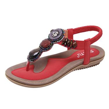 Imagem de Chinelos para mulheres confortáveis flor clipe dedo do pé verão sandálias de praia moda feminina boêmia plataforma sapatos a9, Vermelho, 6.5