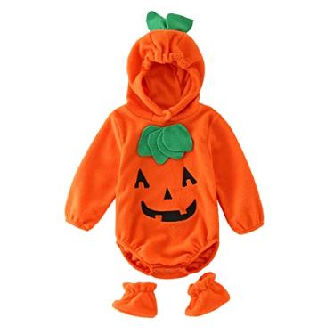 Imagem de Macacão infantil para meninos e meninas manga longa Halloween abóbora cosplay fantasia lã macia com capuz menina (laranja, 6-12 meses)