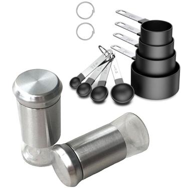 Imagem de Kit Medidor Culinário Inox Preto 8Pç + 2 Porta Temperos Vidro