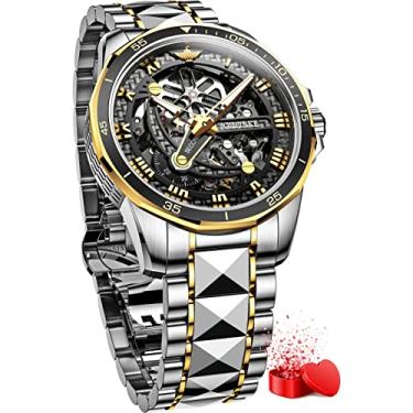 Imagem de OLEVS Relógios masculinos automáticos masculinos esqueleto mecânico, luxuoso, preto, prata, impermeável, luminoso, cristal de safira, Pulseira prata e mostrador dourado e preto, Relógio esqueleto,