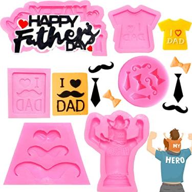 Imagem de Doumeny 6 peças Molde de Feliz Dia dos Pais Fondant, I love Dad Molde de silicone para bigode, molde para assar, arco, barba, molde de chocolate para barba molde de doces tema de homenzinho molde para biscoito para decoração de aniversário