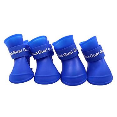 Imagem de Yajun Sapatos de chuva para cães antiderrapantes cores à prova d'água botas de borracha para animais de estimação com alças ajustáveis para quatro estações caminhadas ao ar livre 4 peças, azul, P