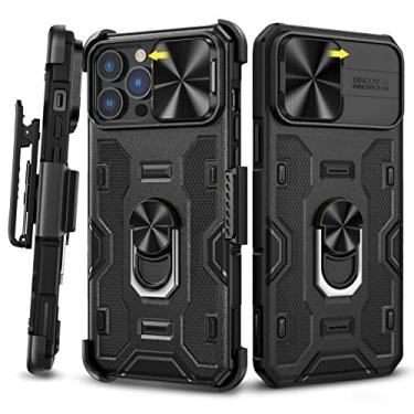 Imagem de Caka Capa de telefone para iPhone 13 Pro Max, capa para iPhone 12 Pro Max com capa de câmera e coldre com clipe de cinto com suporte de anel giratório de 360° integrado, capa magnética para iPhone 13 Pro Max/12 Pro Max - preta