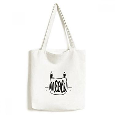 Imagem de Bolsa de lona com citação Mewing Cat preta e branca bolsa de compras casual