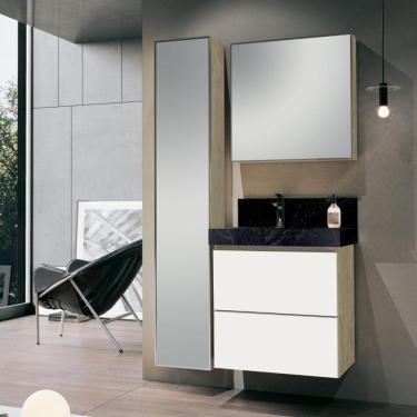Imagem de Conjunto para Banheiro com Espelheira, Gabinete, Lavatório com Cuba Esculpida, Armário Vertical Bumi Wood/Branco/Grafen