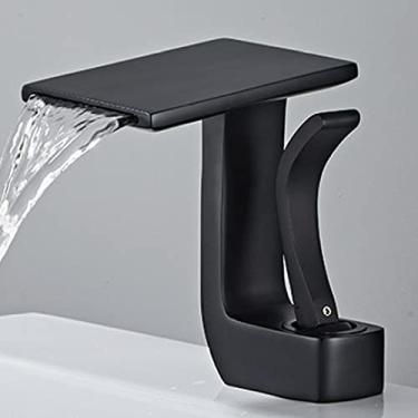 Imagem de Pia do banheiro Torneira quadrada Cachoeira Quente Água fria Misturador Torneira para lavatório Latão Guindaste Torneira de alça única, Preto