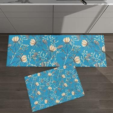 Imagem de Conjunto de 2 tapetes de cozinha vintage decoração de casa de fazenda estampa floral azul para tapetes acolchoados de chão e tapetes antiderrapante absorvente corredor confortável tapete de pé