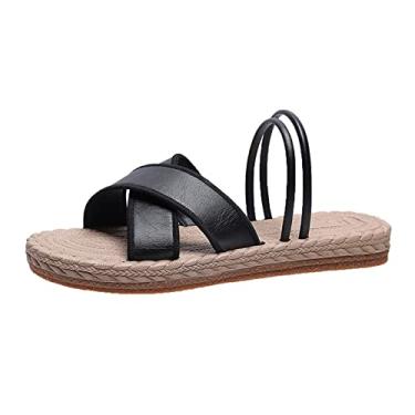 Imagem de Sandálias rasteiras de couro de cor sólida femininas respiráveis bico aberto sola de tecido de palha sandálias planas casuais sandálias sem cadarço (preto, 7,5)