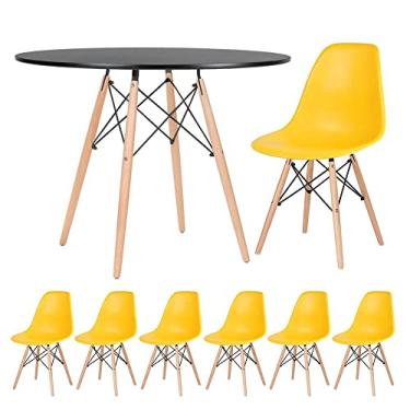 Imagem de Loft7, Kit - Mesa redonda Eames 100 cm preto + 6 cadeiras Eiffel Dsw Amarelo