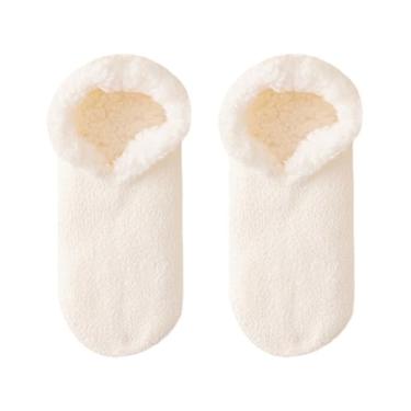 Imagem de nerhemg Meias antiderrapantes meias simples para o chão meias femininas com forro de pelúcia grosso antiderrapante meias de chão de inverno aconchegantes e quentes, Branco, Small