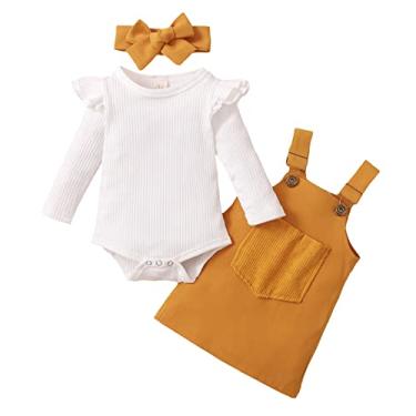 Imagem de Macaquinho de manga comprida com nervuras para meninas, com suspensórios, saia, faixa de cabeça, roupas para bebês meninas, Amarelo, 9-12 Months