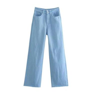 Imagem de Aonibeier Za Calça feminina casual Traf cores primavera outono cintura jeans cru, Jeans azul, PP