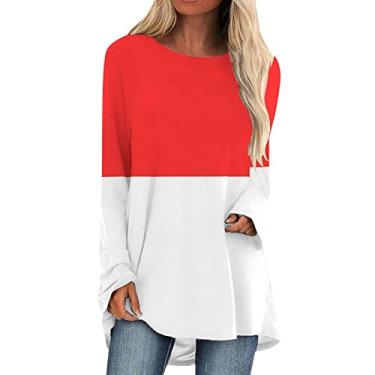 Imagem de Camiseta longa grande para mulheres com estampa colorida em bloco, gola redonda, túnica para usar com leggings Cair Folgado feminina túnica grande Patchwork colorido M48-Vermelho Medium