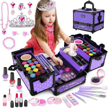 Imagem de Kit de maquiagem Hollyhi 62 unidades para meninas de 3 a 12 anos com estojo cosmético