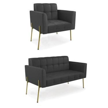 Imagem de Sofá Namoradeira e Poltrona Base Pé de Ferro Dourado Elisa Corino Preto D03 - D`Rossi