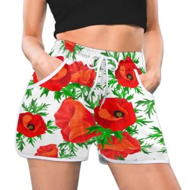 Imagem de QIANDODUO Poppies Flower Short atlético feminino papoulas folhas verdes verão casual atlético confortável secagem rápida academia treino, Multi, XXG